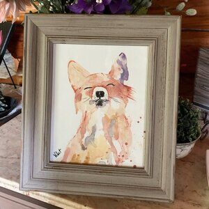 Watercolor fox painting for sale by artist in frame 14x12